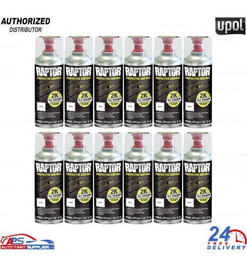 12X U-POL Raptor 2K Tough Bed Liner 400ml Aerosol – White Durable Coating